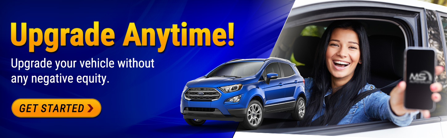 Woman sitting in car holding phone. Text reads upgrade anytime. Upgrade your vehicle without any negative equity. Get started.